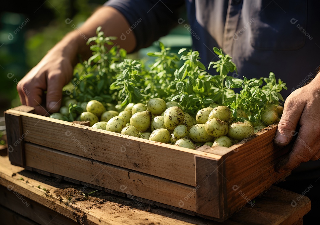 Mãos de pessoa segurando caixa de madeira com verduras