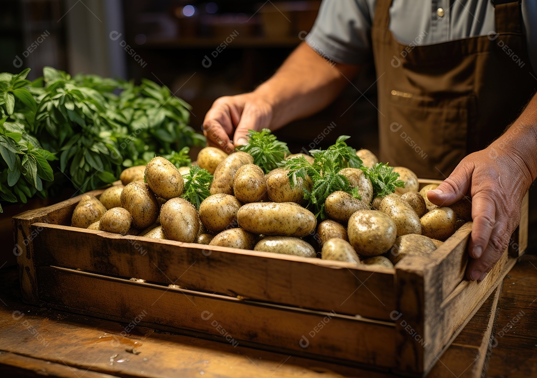Mãos de pessoa segurando caixa de madeira com verduras