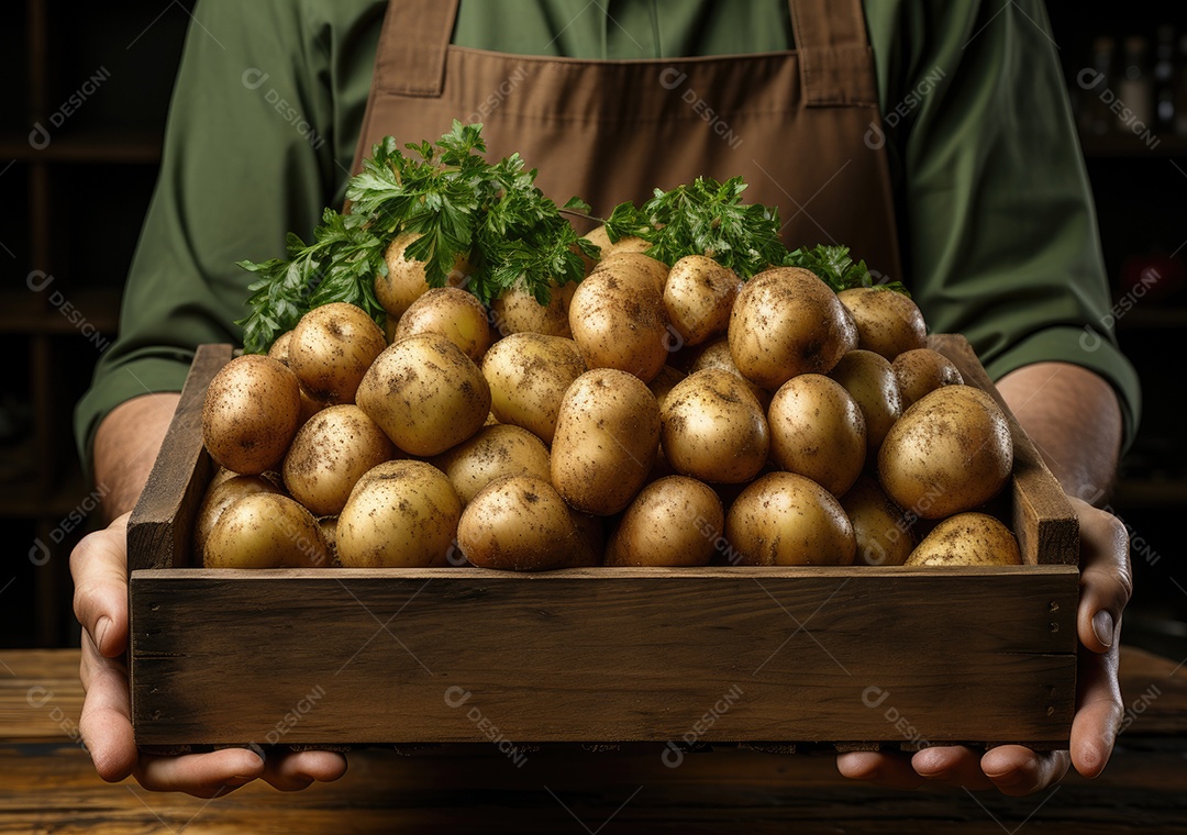 Mãos de pessoa segurando caixa de madeira com verduras