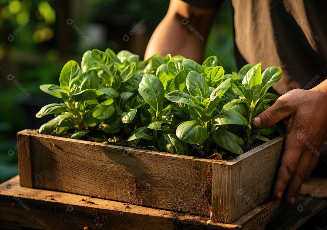 Mãos de pessoa segurando caixa de madeira com verduras
