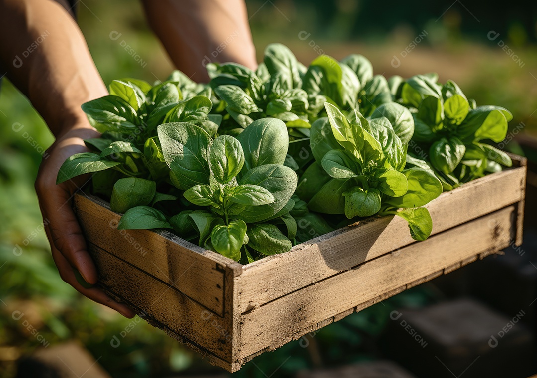 Mãos de pessoa segurando caixa de madeira com verduras