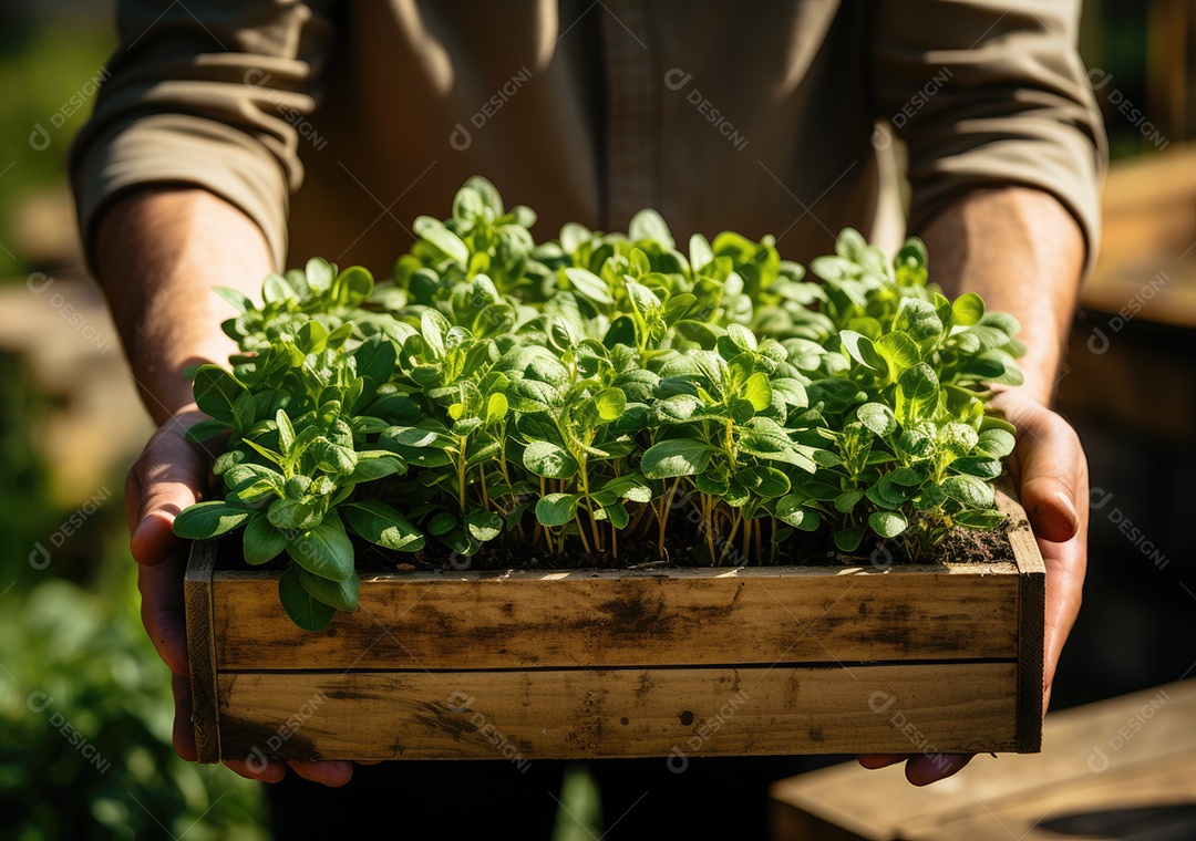 Mãos de pessoa segurando caixa de madeira com verduras