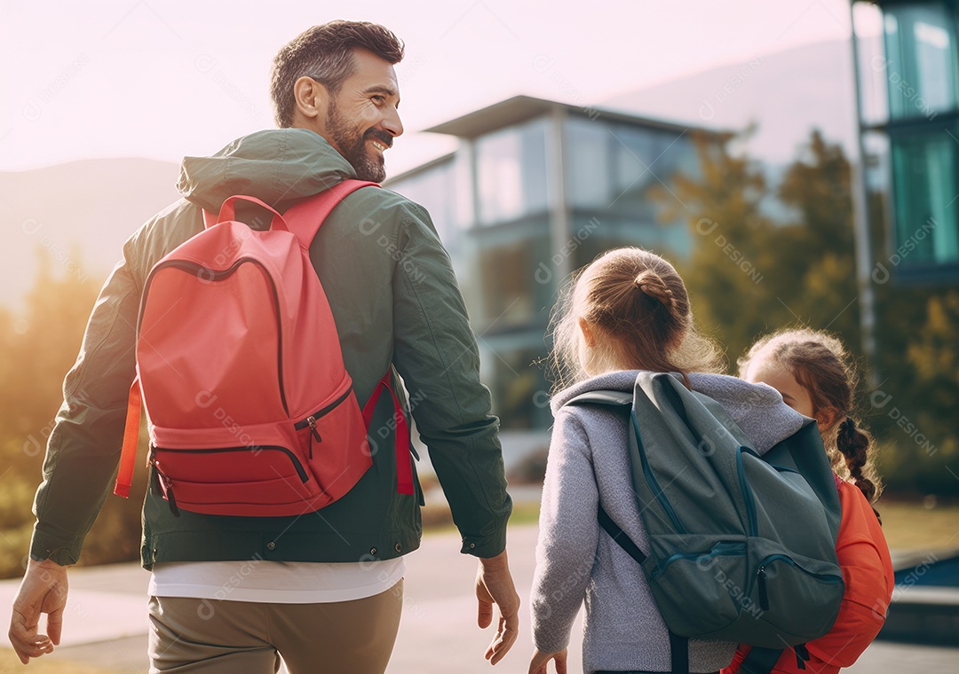 Volta às aulas, crianças com mochila e pai, pai e filha indo para a escola pela primeira vez