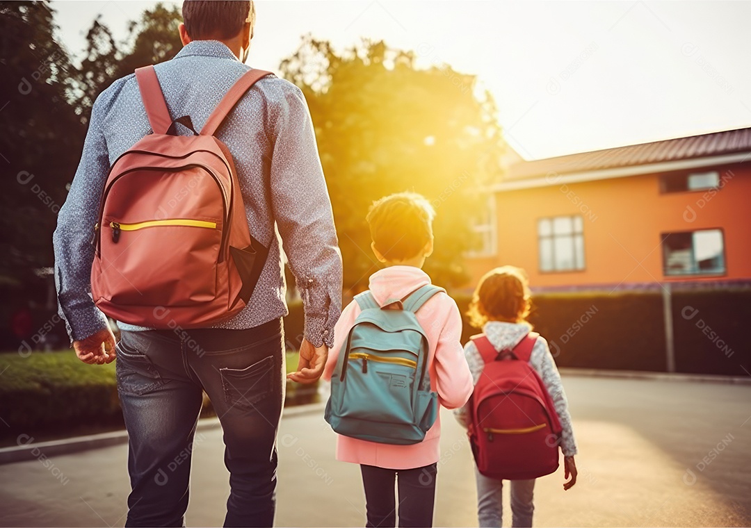 Volta às aulas, crianças com mochila e pai, pai e filha indo para a escola pela primeira vez