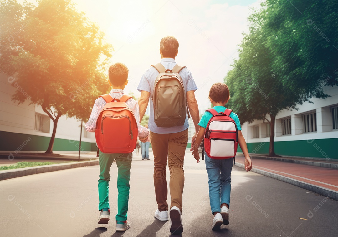 Volta às aulas, crianças com mochila e pai, pai e filha indo para a escola pela primeira vez