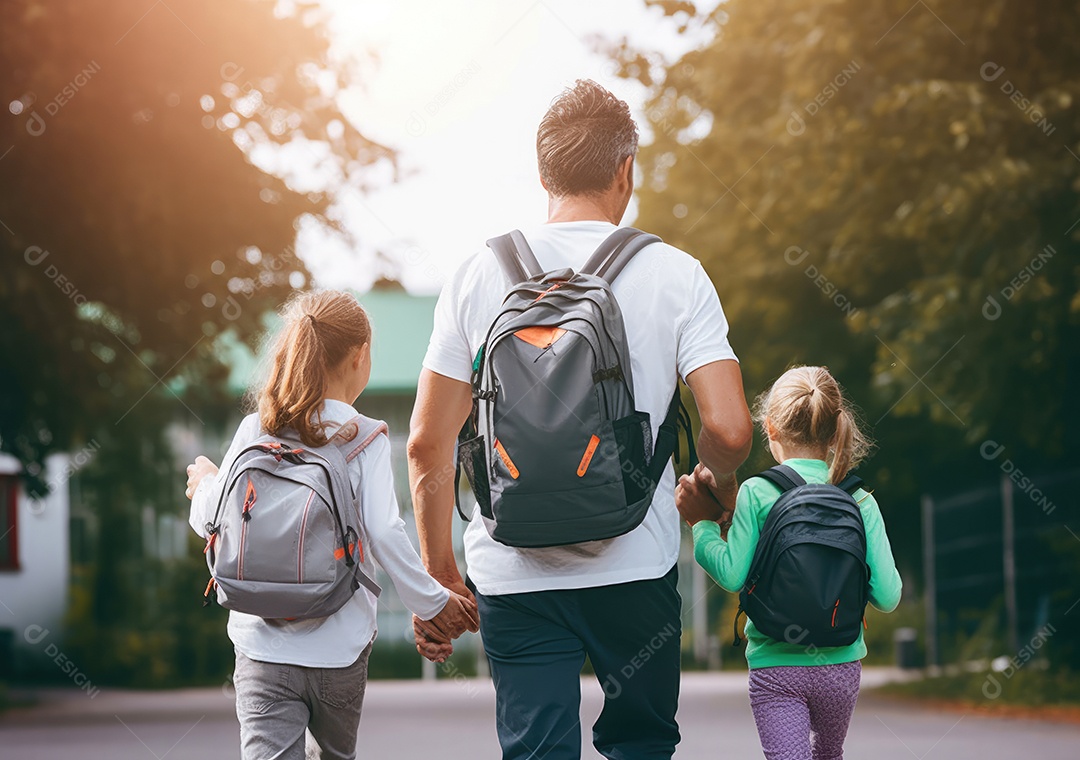 Volta às aulas, crianças com mochila e pai, pai e filha indo para a escola pela primeira vez