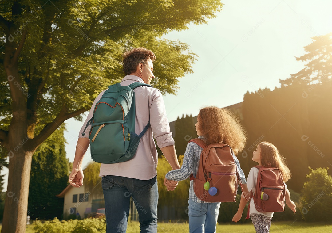 Volta às aulas, crianças com mochila e pai, pai e filha indo para a escola pela primeira vez