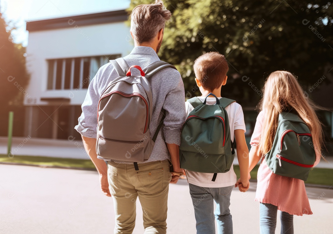 Volta às aulas, crianças com mochila e pai, pai e filha indo para a escola pela primeira vez