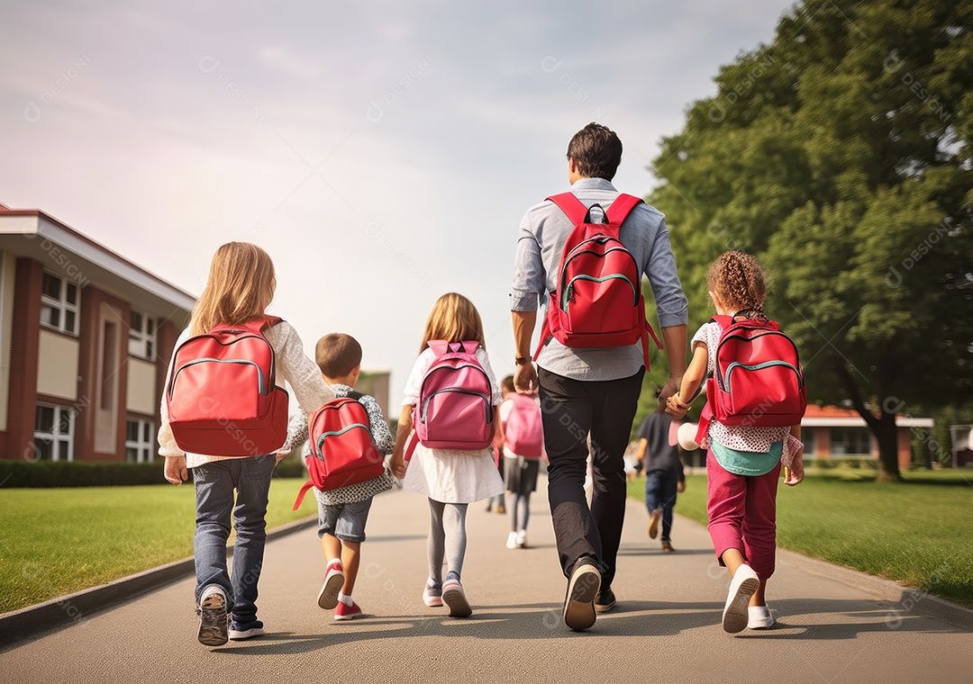 Volta às aulas, crianças com mochila e pai, pai e filha indo para a escola pela primeira vez