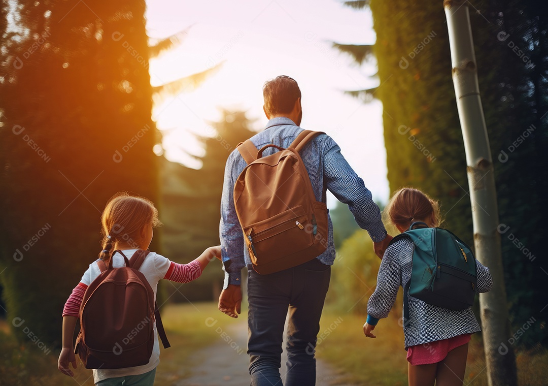 Volta às aulas, crianças com mochila e pai, pai e filha indo para a escola pela primeira vez