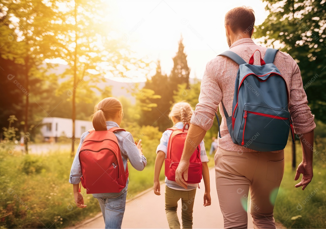 Volta às aulas, crianças com mochila e pai, pai e filha indo para a escola pela primeira vez