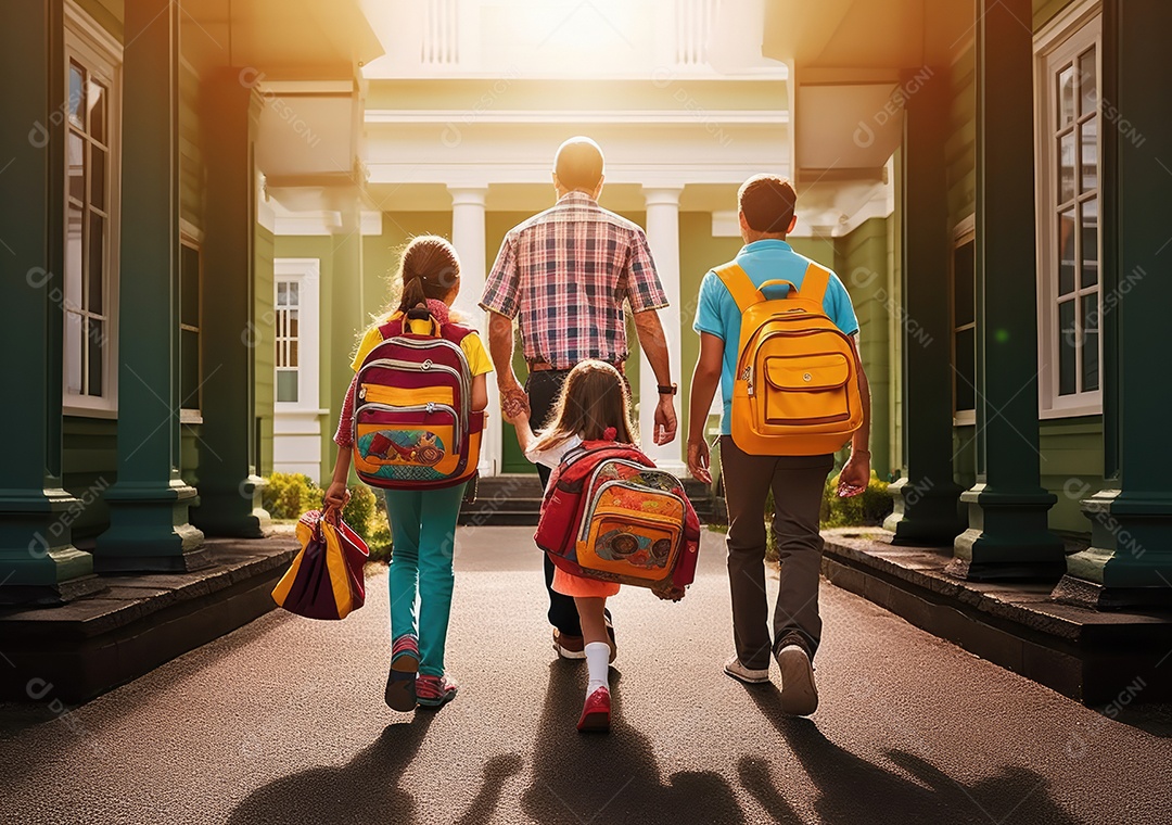 Volta às aulas, crianças com mochila e pai, pai e filha indo para a escola pela primeira vez