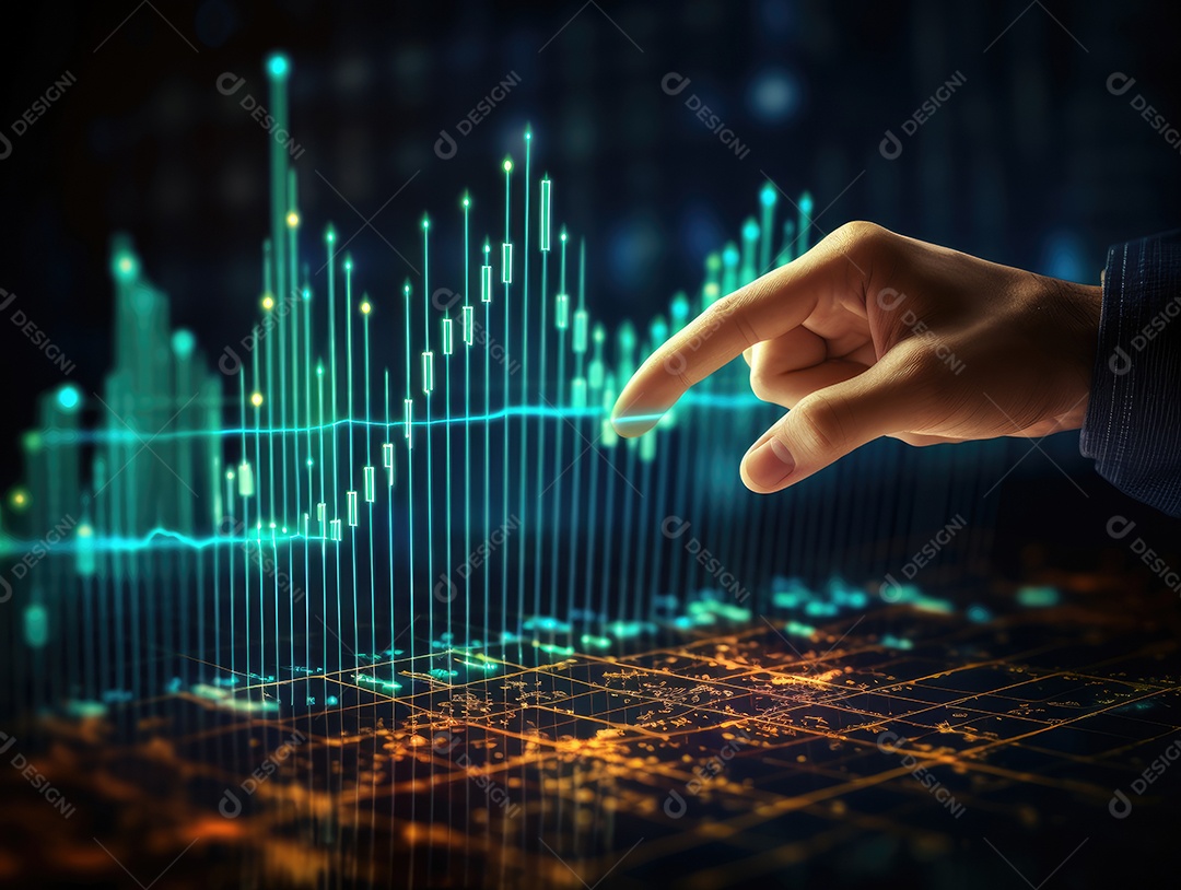 Mão do empresário apontando toque para traçar metas financeiras. barbatana