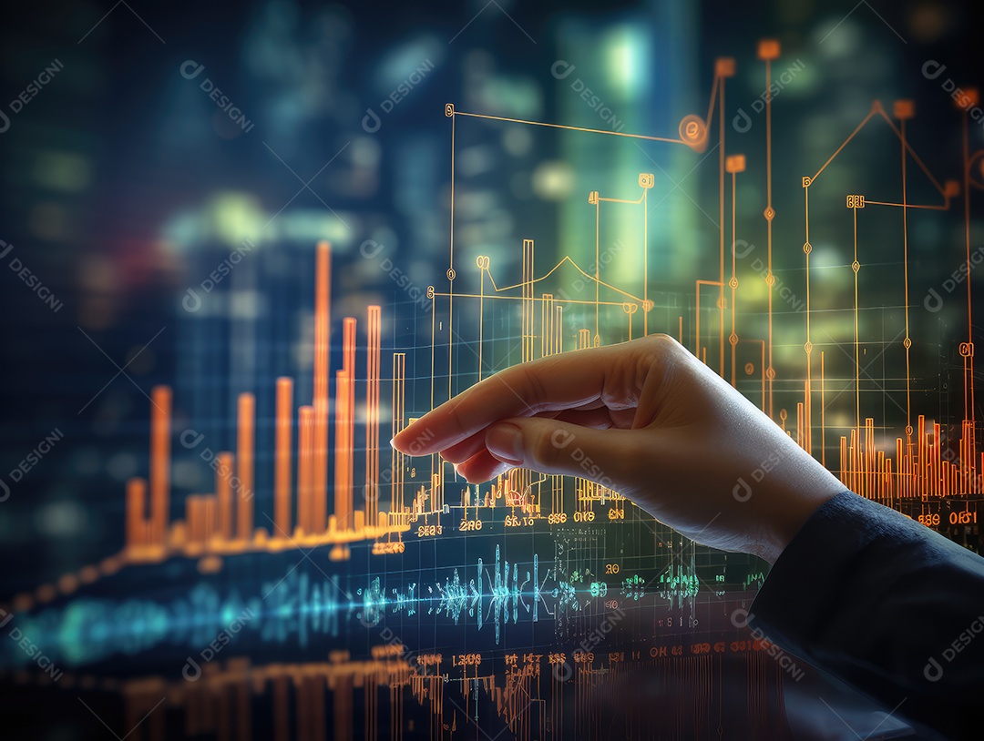 Mão do empresário apontando toque para traçar metas financeiras. barbatana
