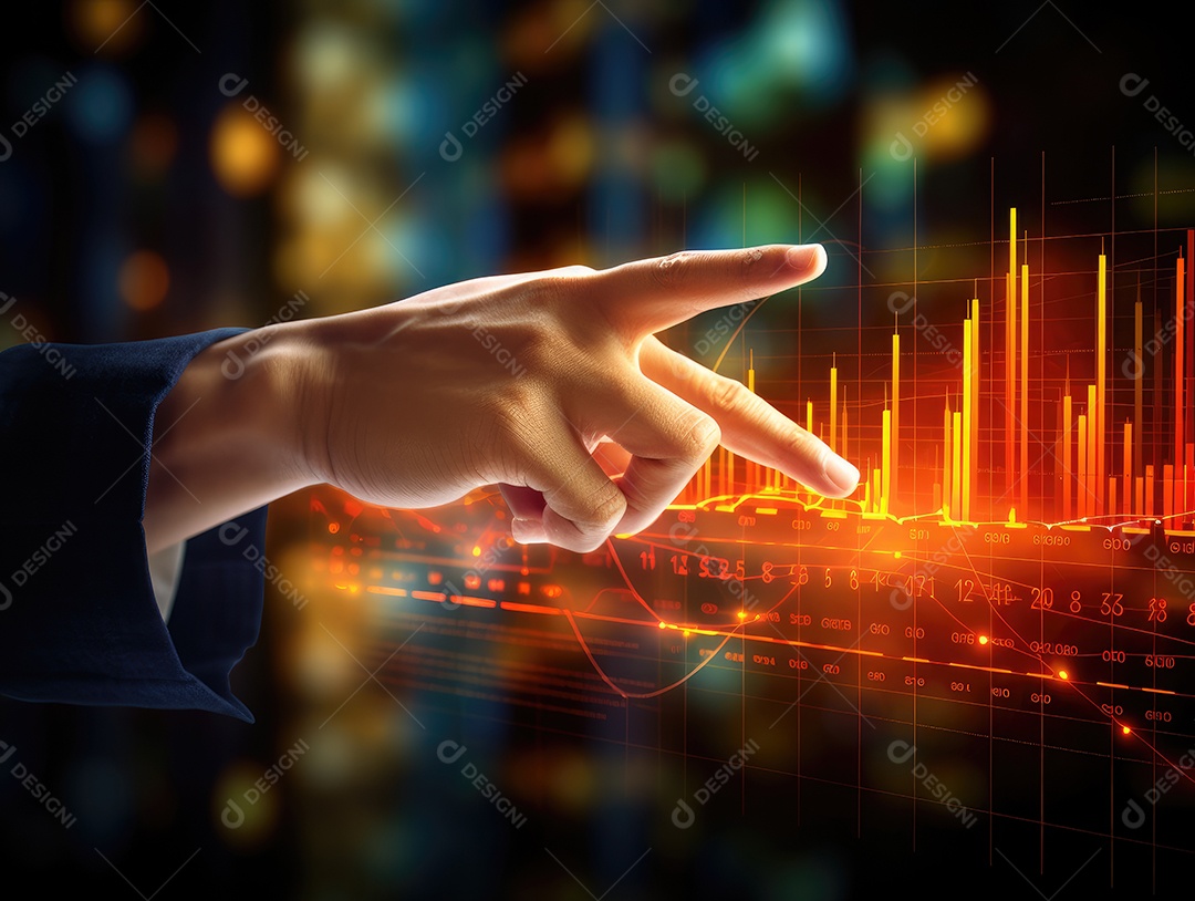 Mão do empresário apontando toque para traçar metas financeiras. barbatana