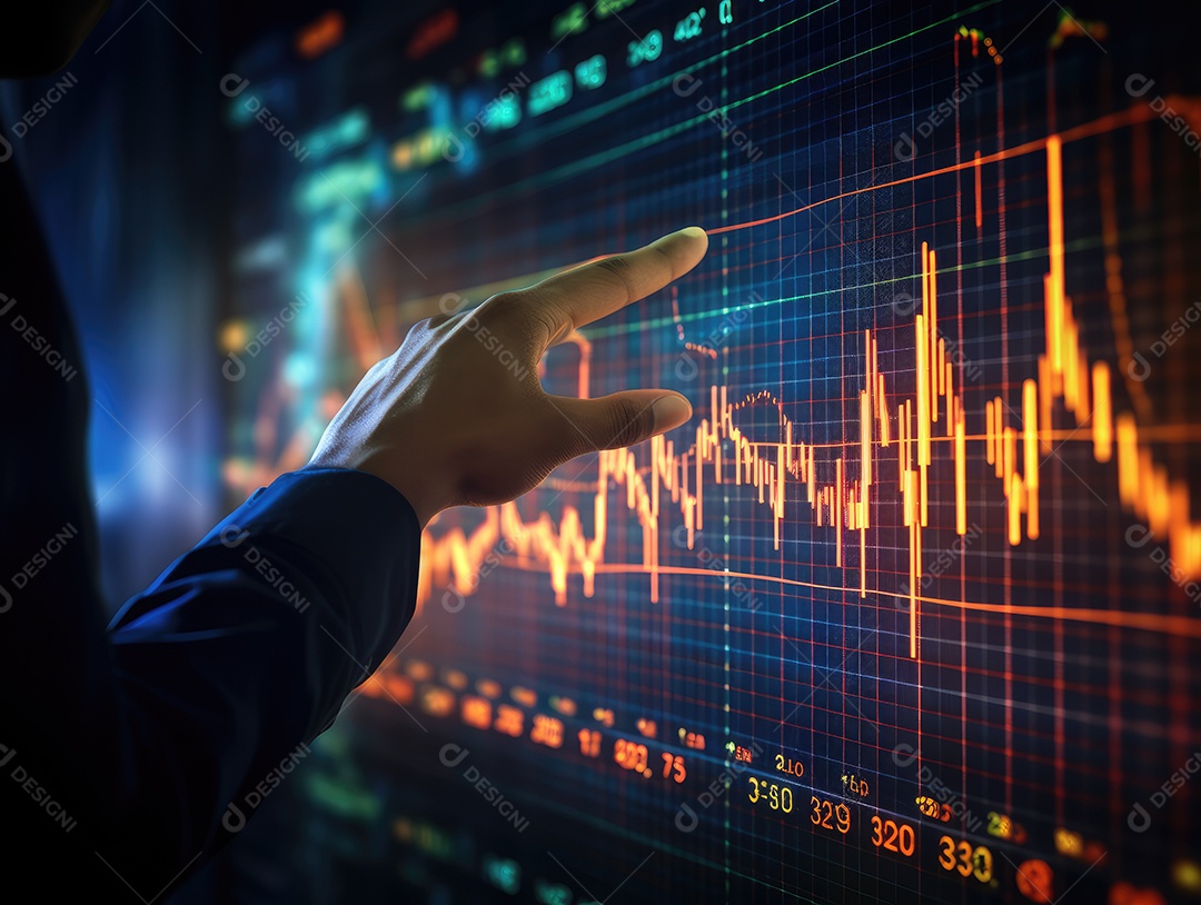 Mão do empresário apontando toque para traçar metas financeiras. barbatana