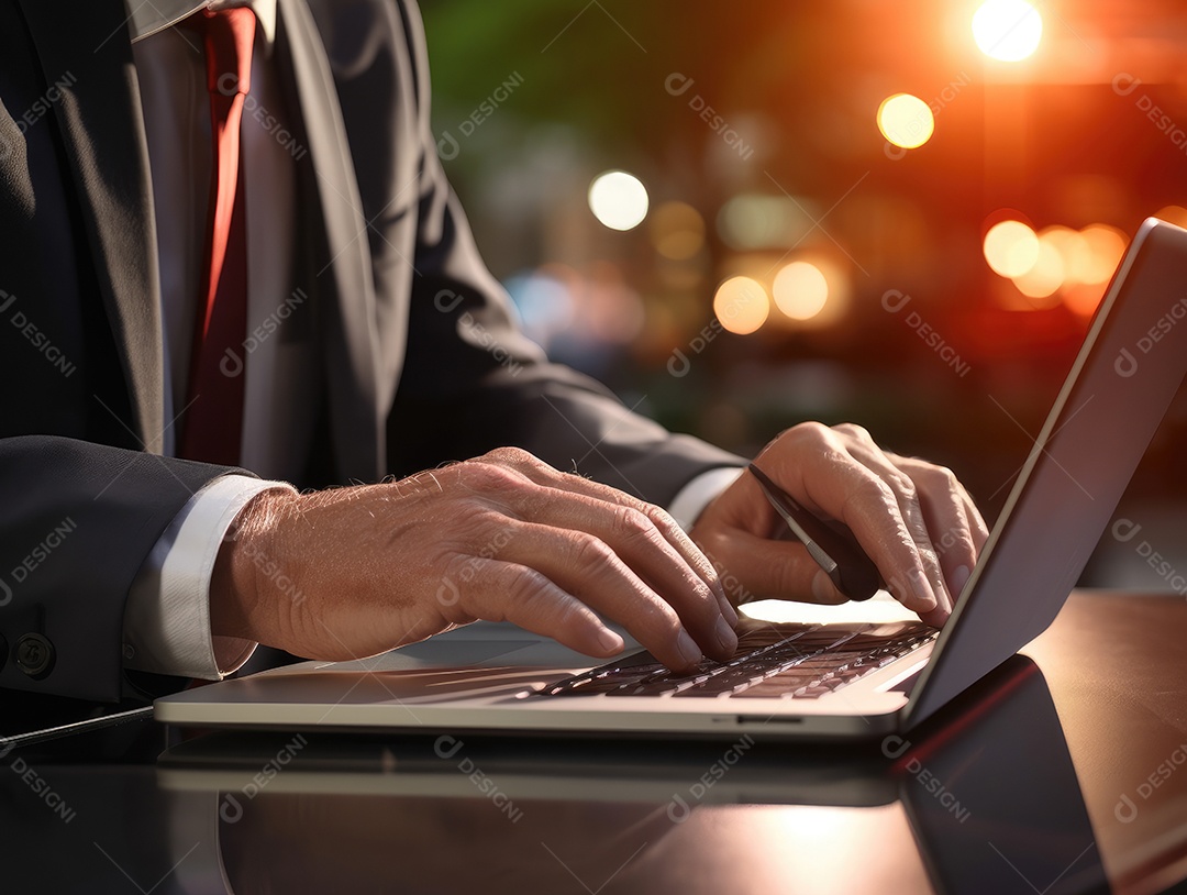 Mãos de empresario mexendo em seu notebook