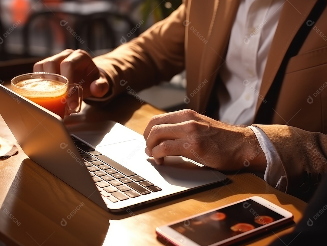 Mãos de empresario mexendo em seu notebook
