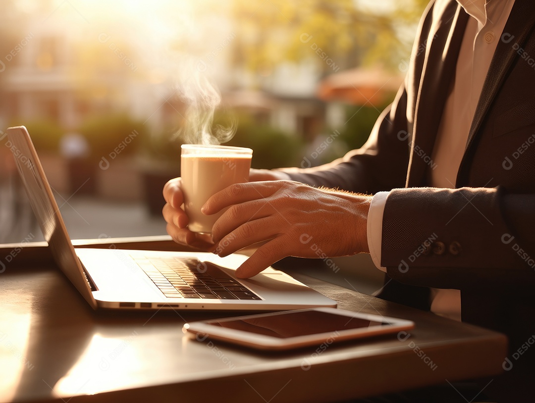 Mãos de empresario mexendo em seu notebook