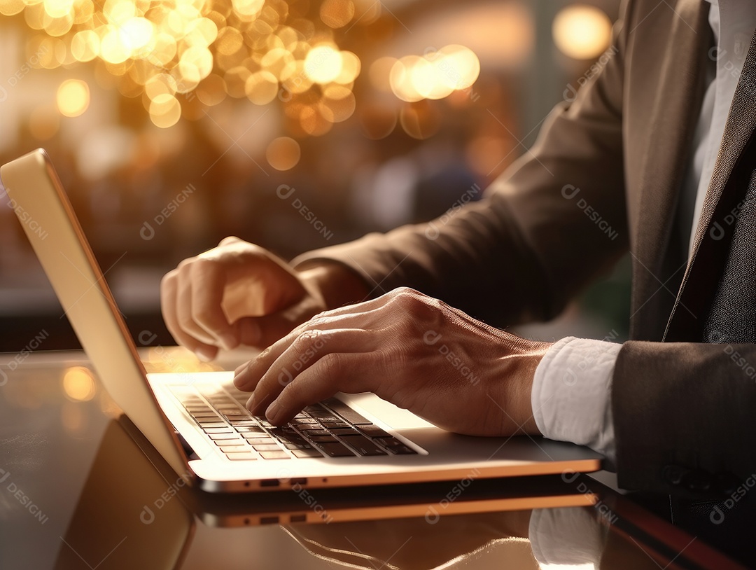 Mãos de empresario mexendo em seu notebook