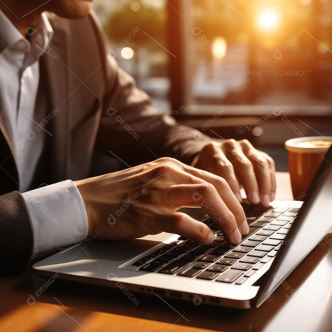 Mãos de empresario mexendo em seu notebook