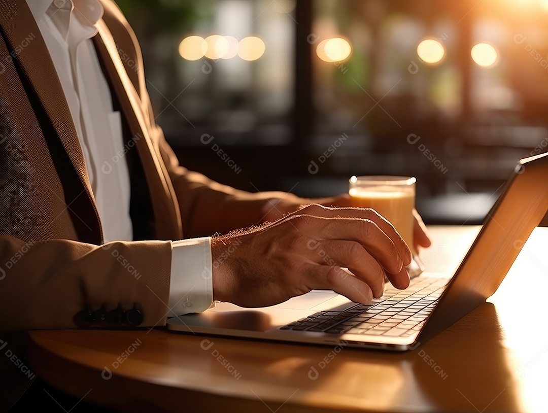 Mãos de empresario mexendo em seu notebook