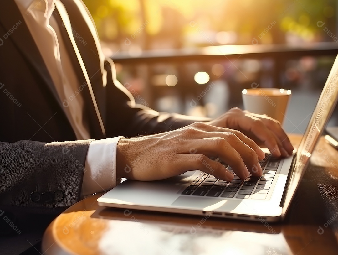 Mãos de empresario mexendo em seu notebook