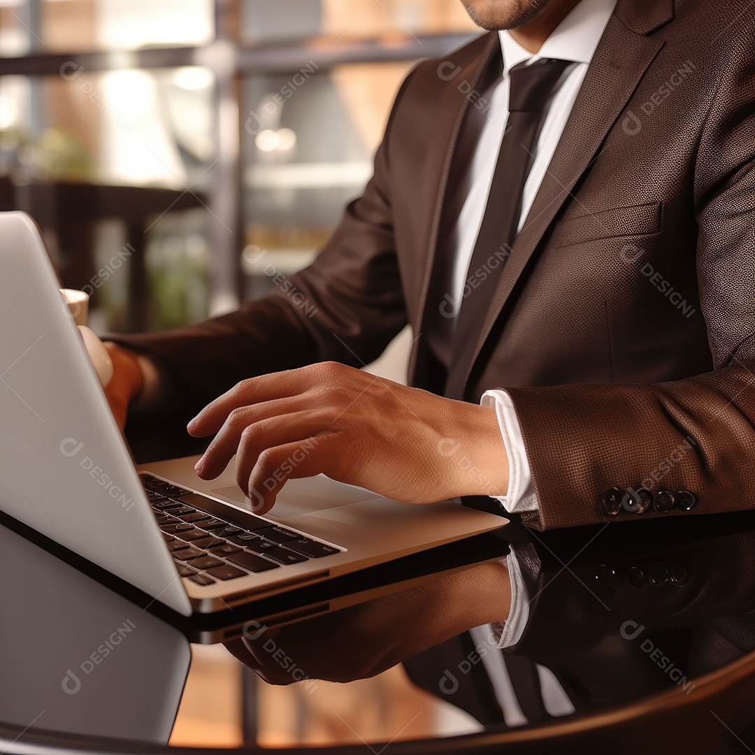 Mãos de empresario mexendo em seu notebook