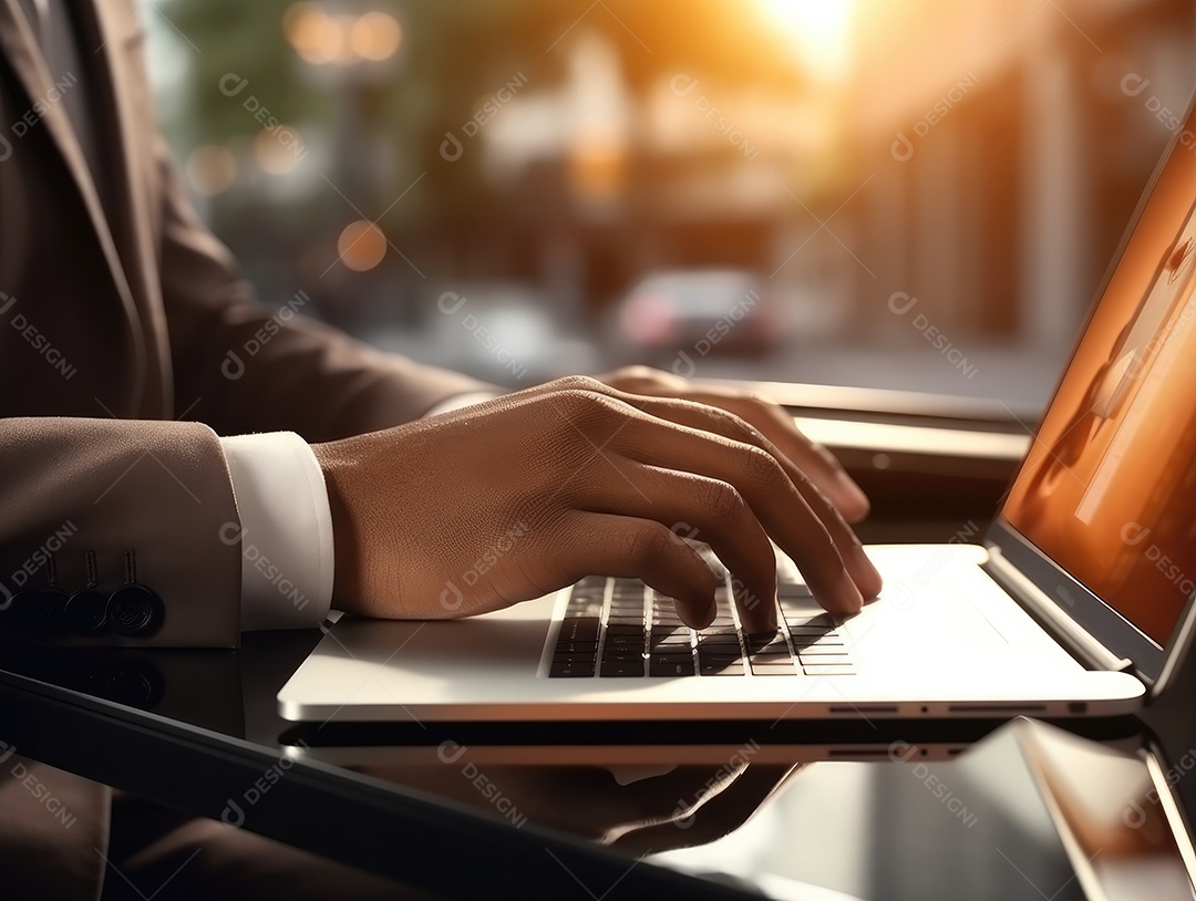 Mãos de empresario mexendo em seu notebook