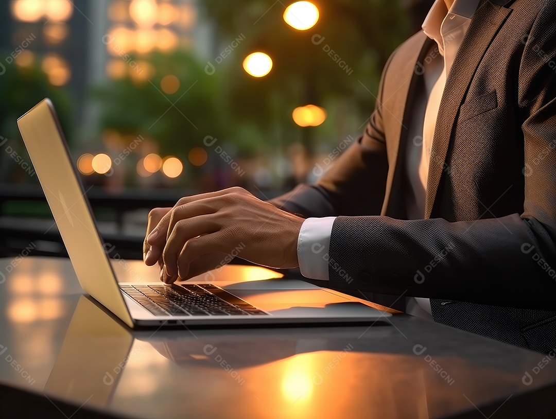 Mãos de empresario mexendo em seu notebook