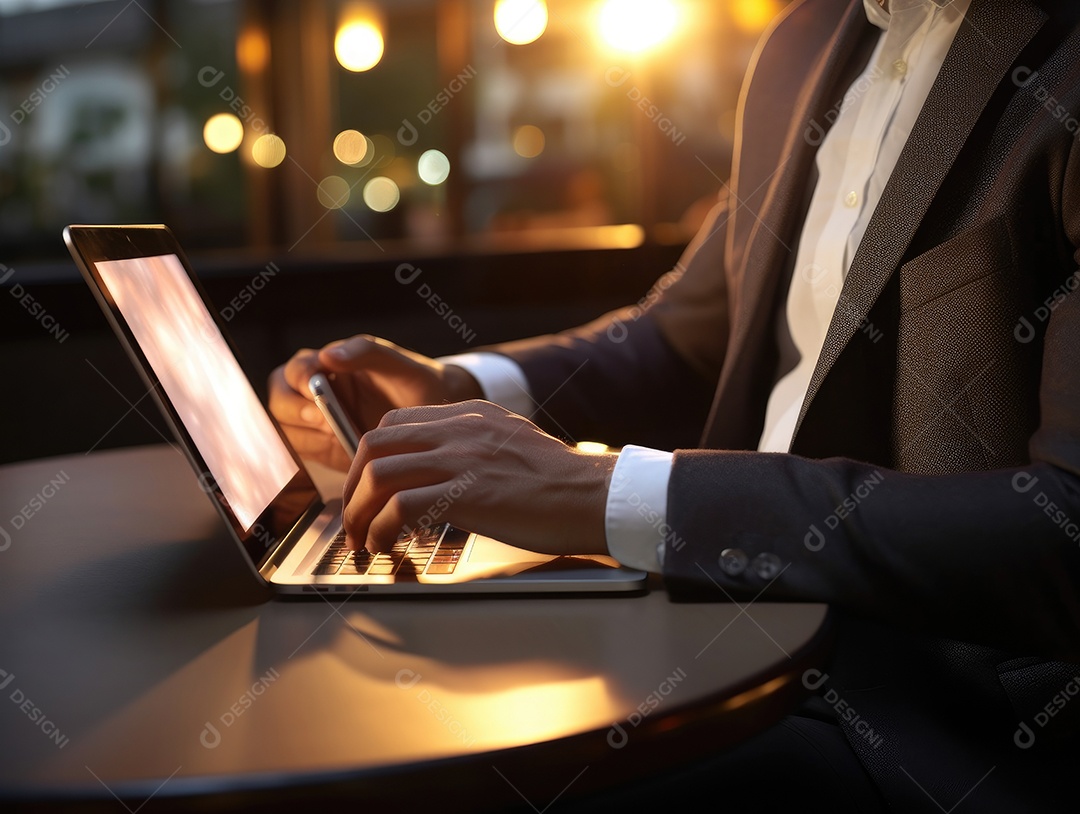 Mãos de empresario mexendo em seu notebook