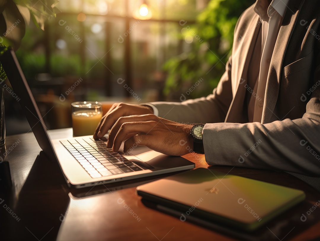 Mãos de empresario mexendo em seu notebook