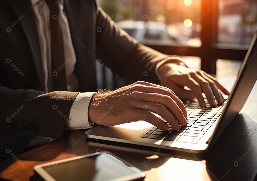 Mãos de empresario mexendo em seu notebook
