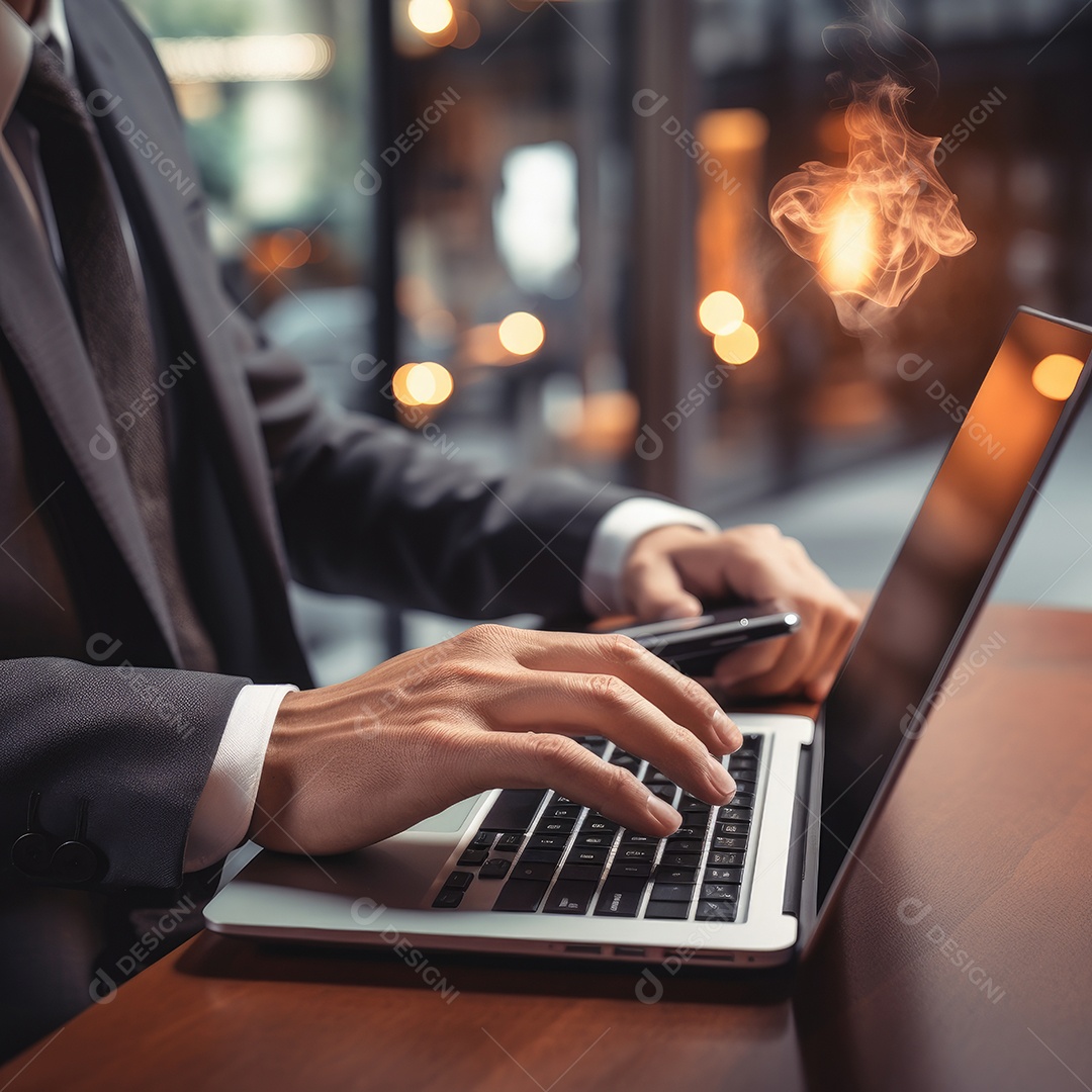 Mãos de empresario mexendo em seu notebook