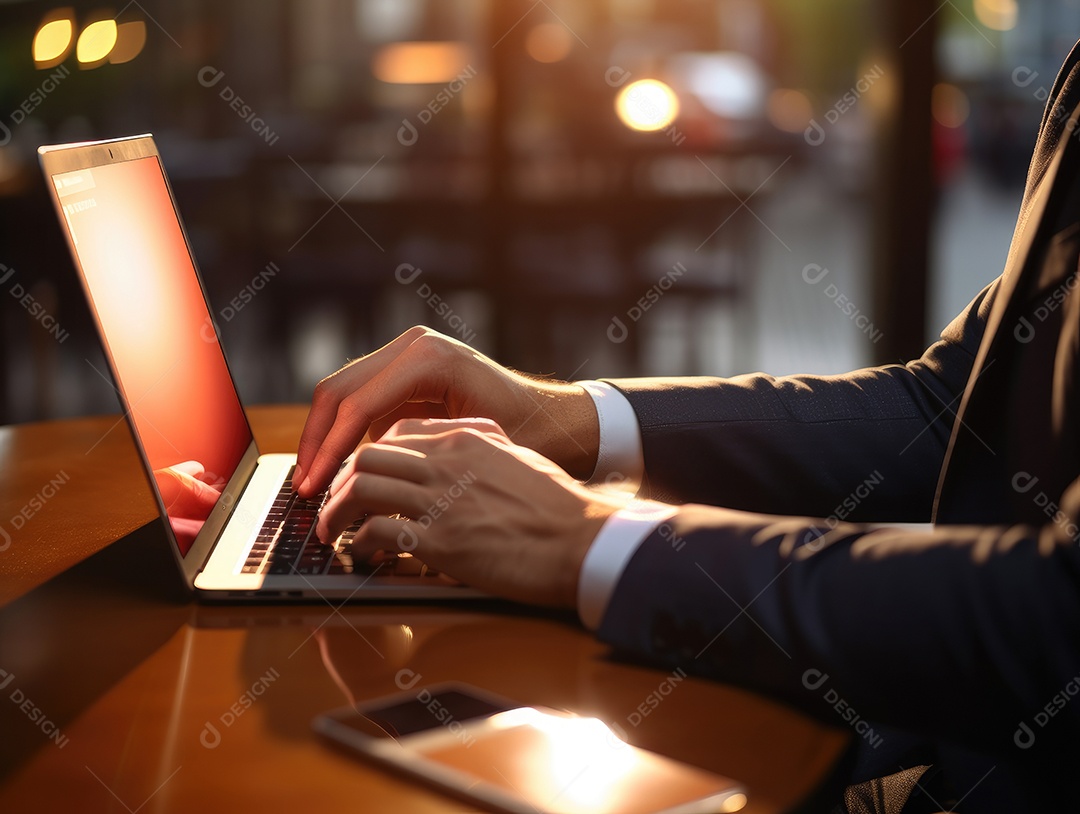 Mãos de empresario mexendo em seu notebook