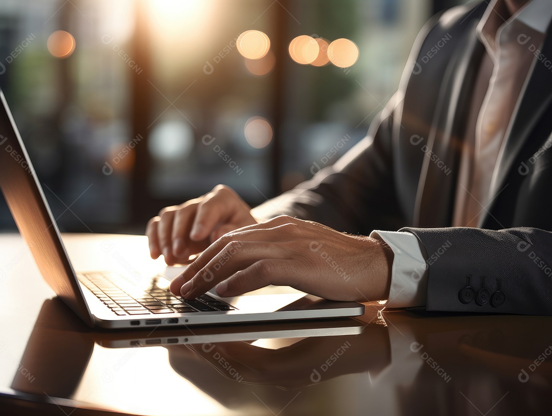 Mãos de empresario mexendo em seu notebook