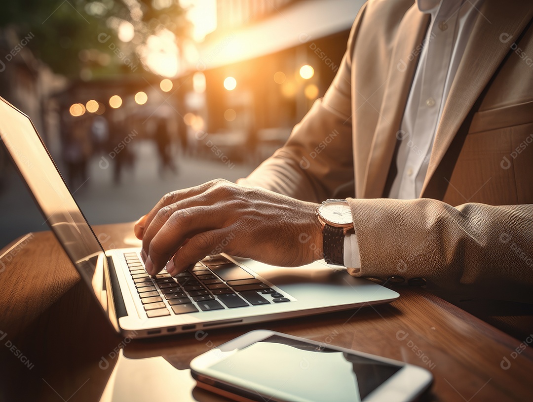 Mãos de empresario mexendo em seu notebook