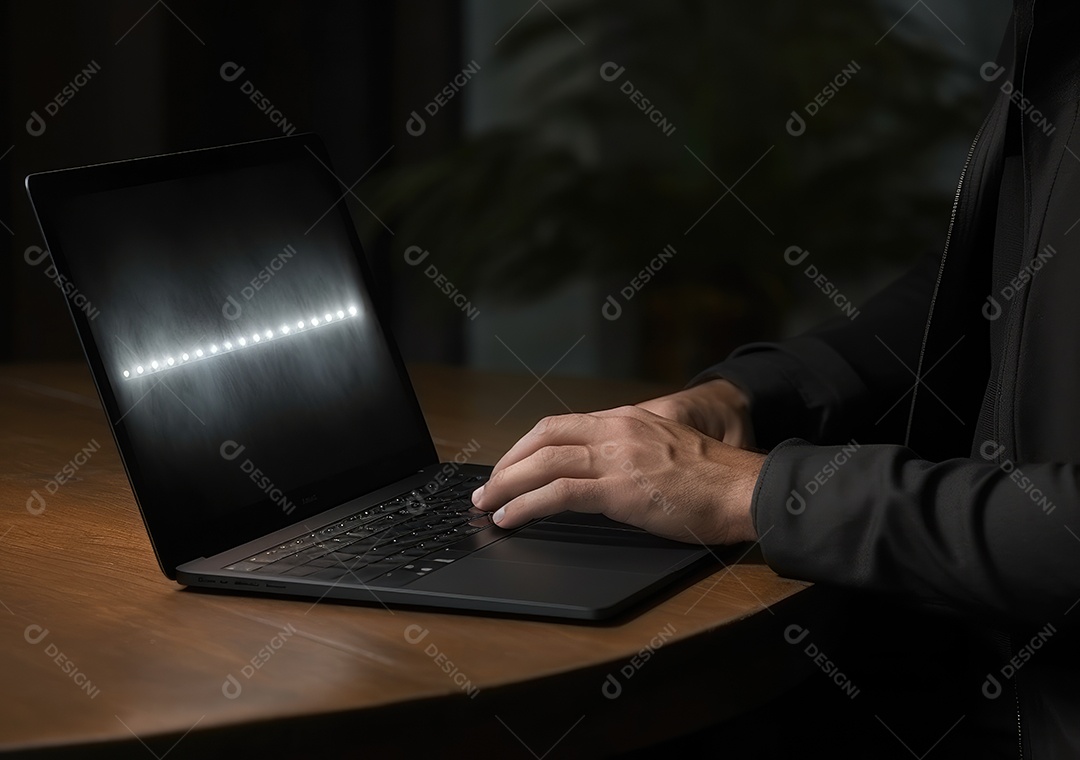 Mãos de empresario mexendo em seu notebook