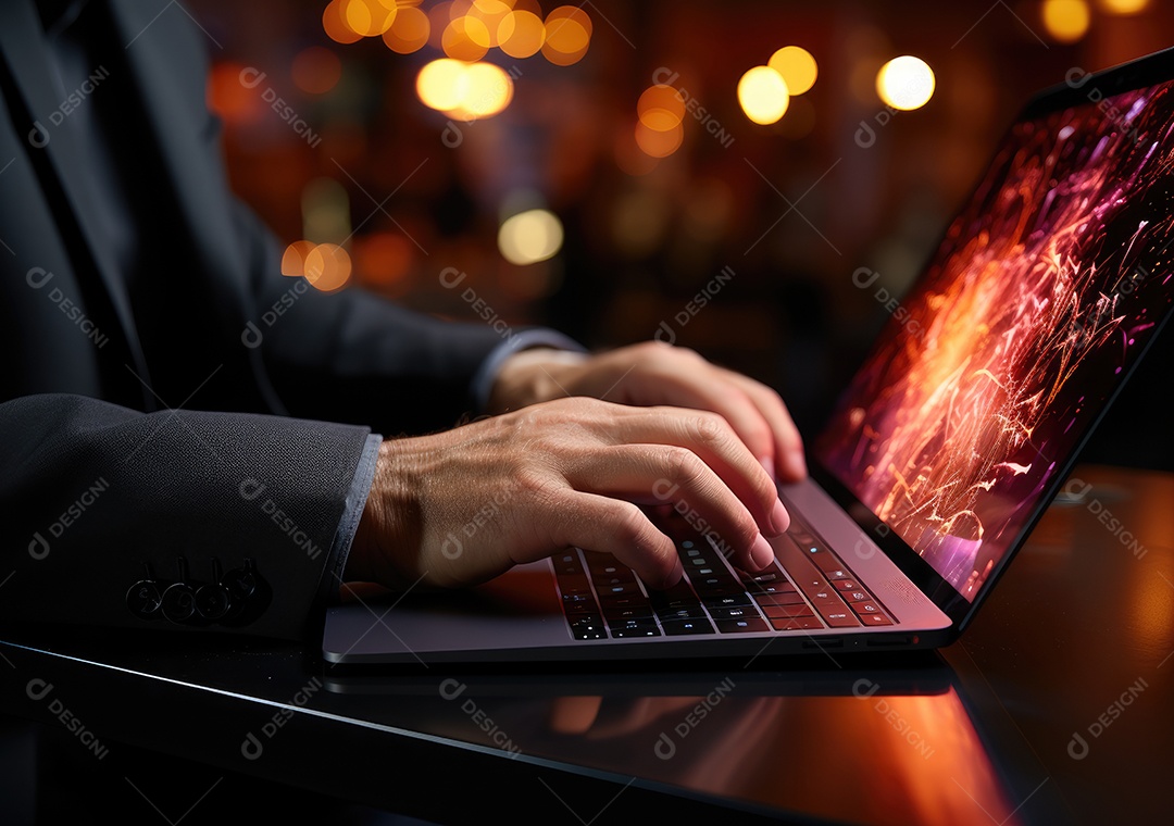 Mãos de empresario mexendo em seu notebook