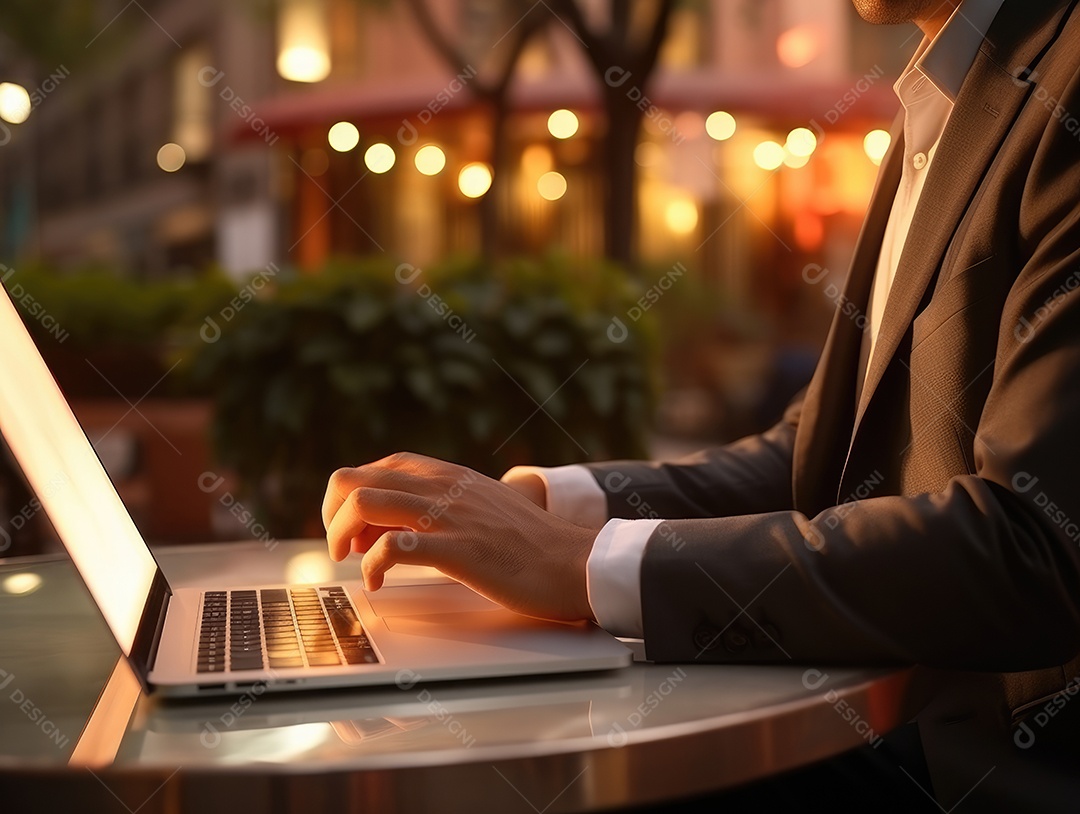 Mãos de empresario mexendo em seu notebook