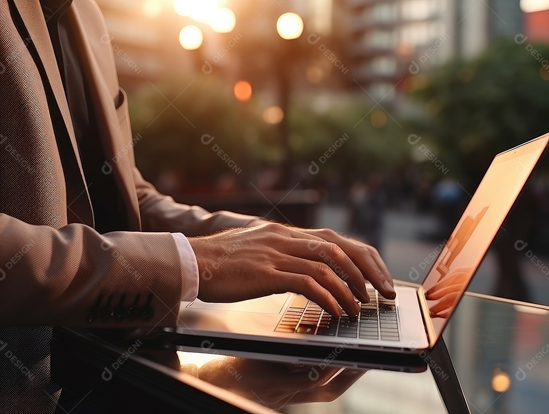 Mãos de empresario mexendo em seu notebook