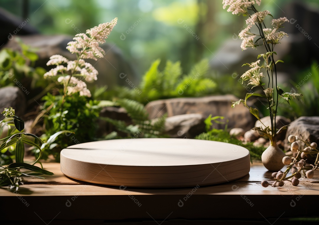 Pedra natural e pódio de concreto em fundo verde natural