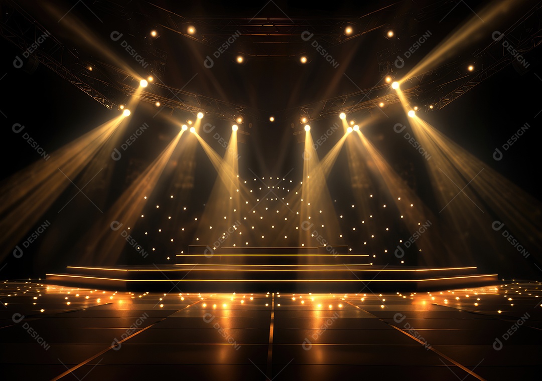 Palco livre com luzes, dispositivos de iluminação, holofotes e cena vazia. Conceito de entretenimento de eventos online. Antecedentes para concerto online.