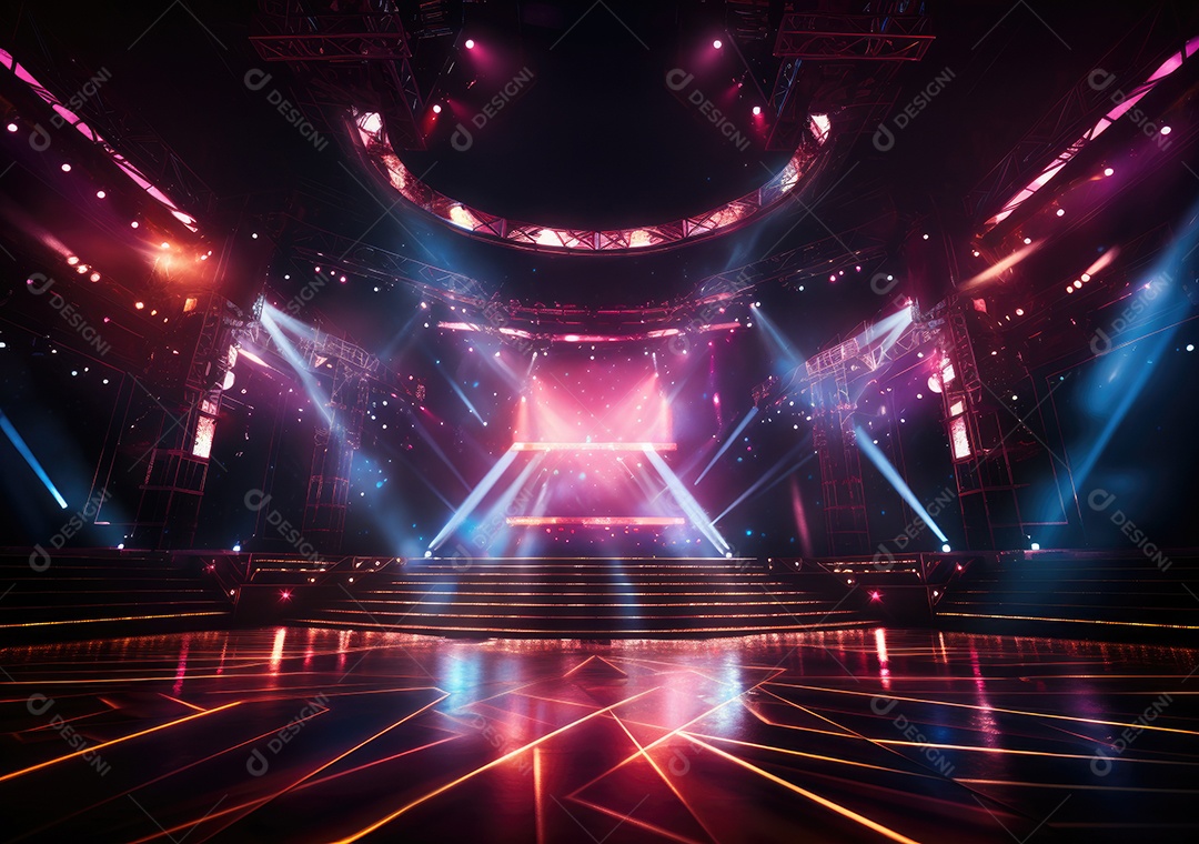 Palco livre com luzes, dispositivos de iluminação, holofotes e cena vazia. Conceito de entretenimento de eventos online. Antecedentes para concerto online.