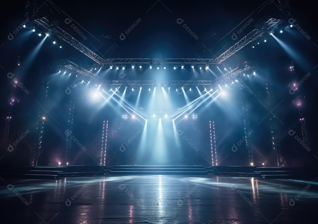 Palco livre com luzes, dispositivos de iluminação, holofotes e cena vazia. Conceito de entretenimento de eventos online. Antecedentes para concerto online.