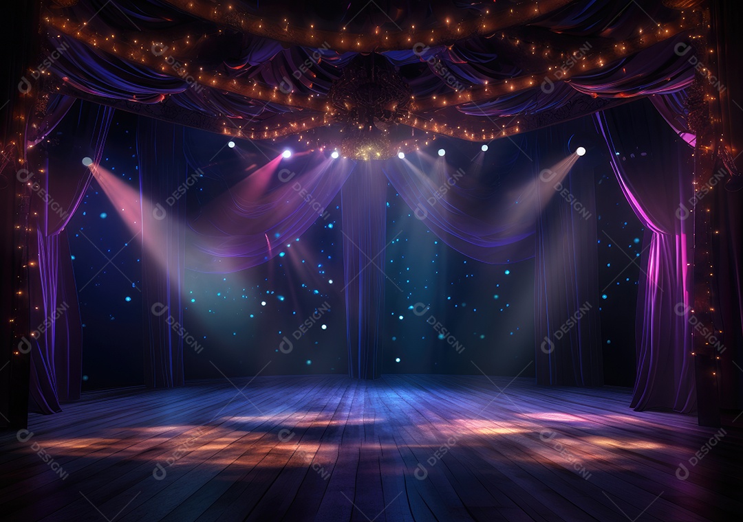 Palco livre com luzes, dispositivos de iluminação, holofotes e cena vazia. Conceito de entretenimento de eventos online. Antecedentes para concerto online.