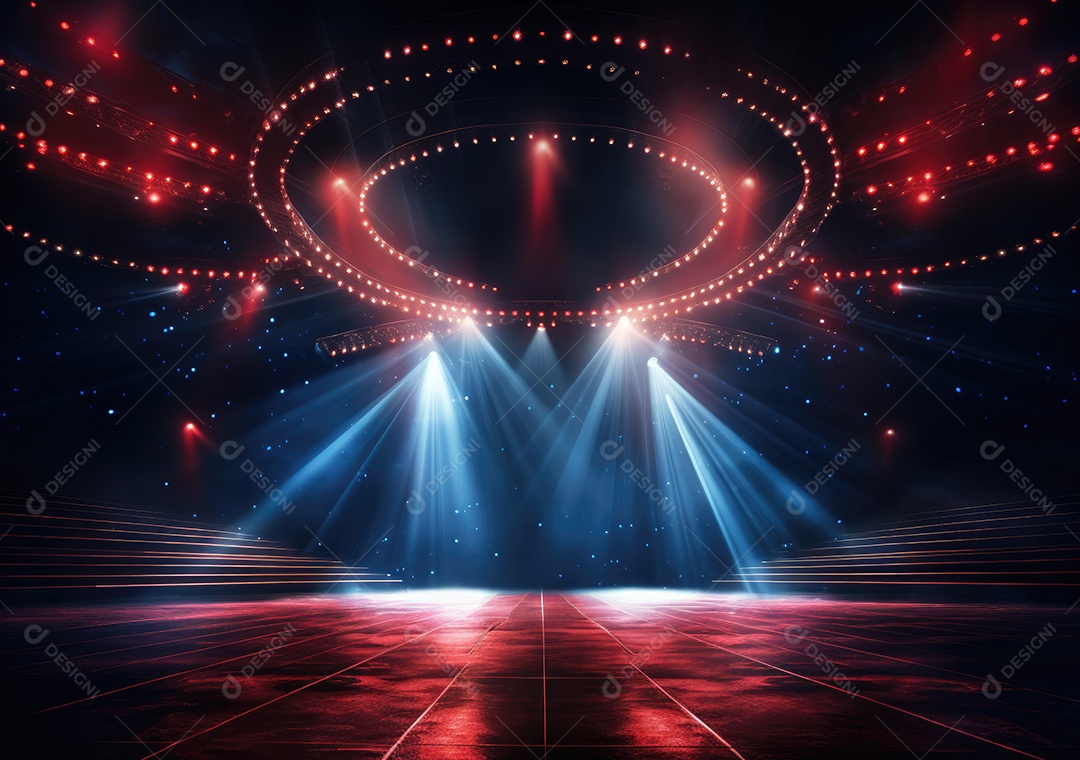 Palco livre com luzes, dispositivos de iluminação, holofotes e cena vazia. Conceito de entretenimento de eventos online. Antecedentes para concerto online.