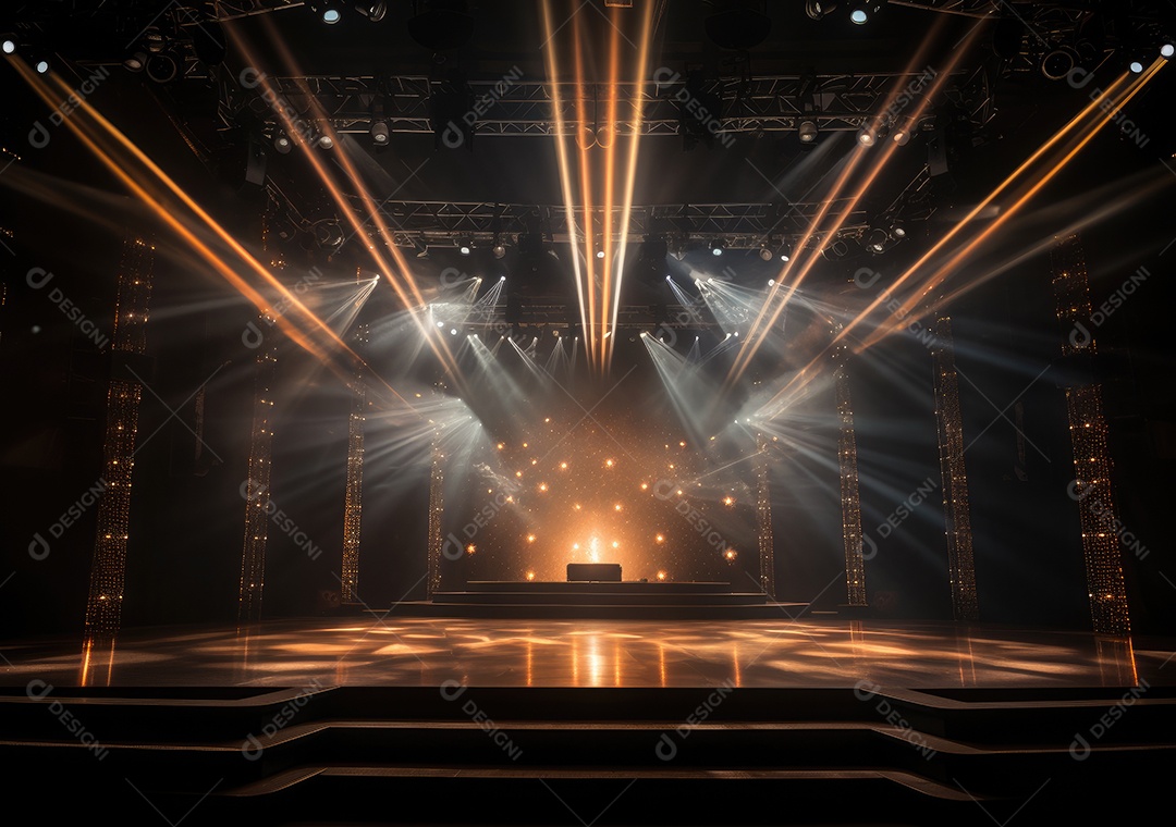 Palco livre com luzes, dispositivos de iluminação, holofotes e cena vazia. Conceito de entretenimento de eventos online. Antecedentes para concerto online.