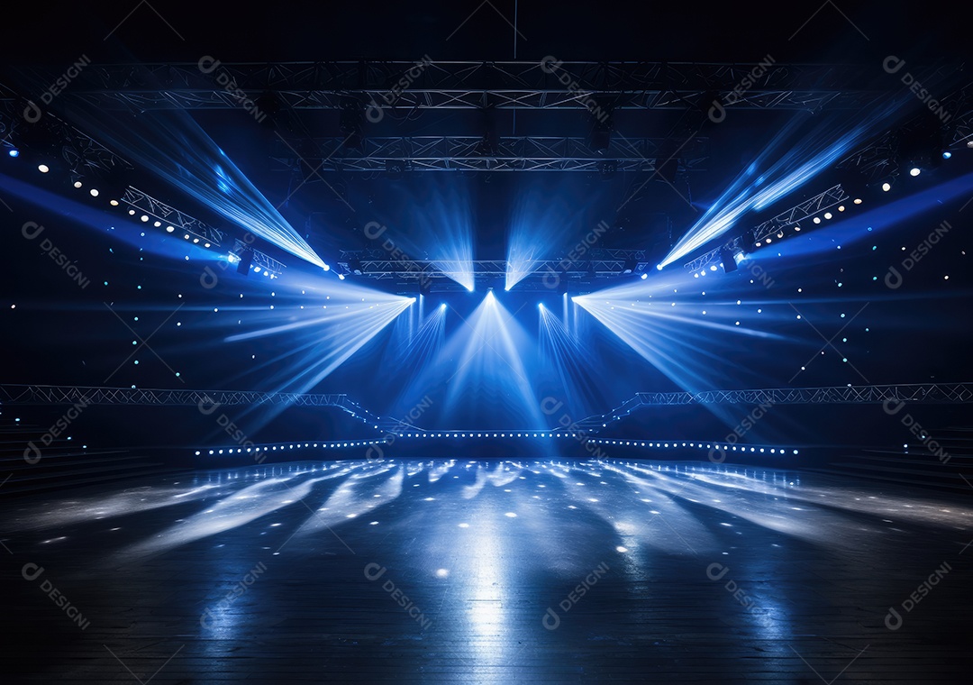 Palco livre com luzes, dispositivos de iluminação, holofotes e cena vazia. Conceito de entretenimento de eventos online. Antecedentes para concerto online.