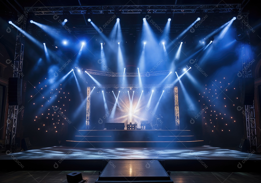 Palco livre com luzes, dispositivos de iluminação, holofotes e cena vazia. Conceito de entretenimento de eventos online. Antecedentes para concerto online.